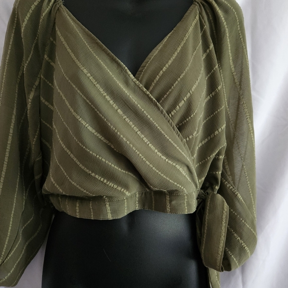 BCBGeneration Olive Striped Wrap Blouse - Picture 1 of 3